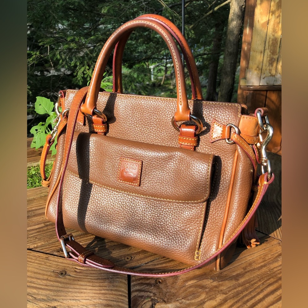 Dooney & Bourke Brown Pebbled Leather Satchel with Tan Trim